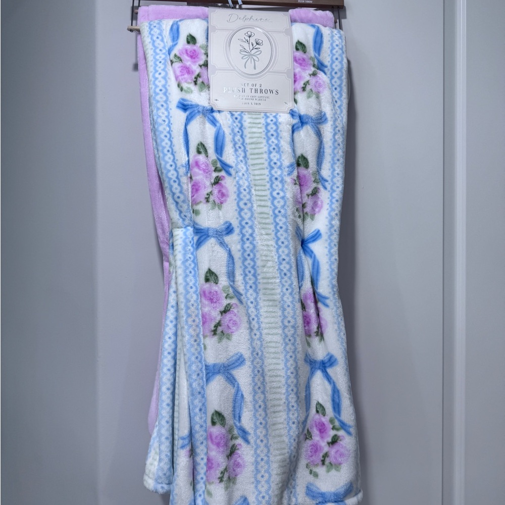 Floral Blue Bow Plush Throw Blanket Set of Two